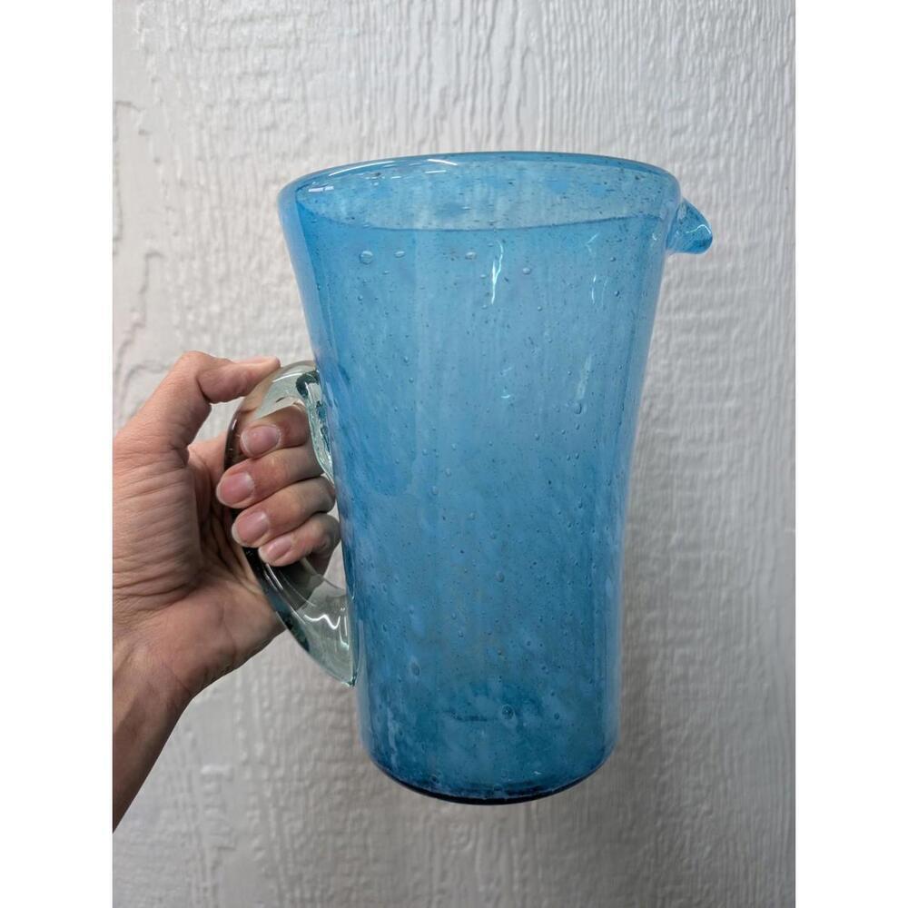 Vintage Discontinued Crate and Barrel Aqua Calypso Hand Blown Glass Pitcher